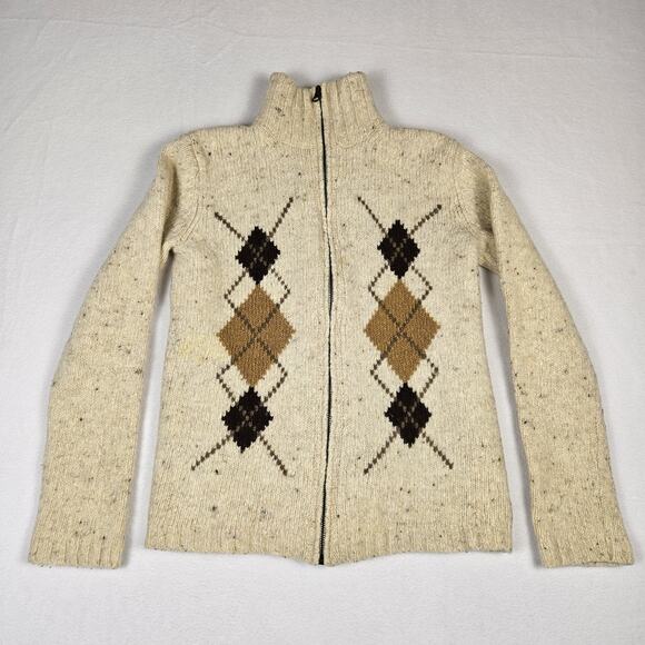 VTG Eddie Bauer Wool Sweater Women Full Zip Up Argyle Knit Beige Y2K Cabin Ski M - Picture 16 of 16